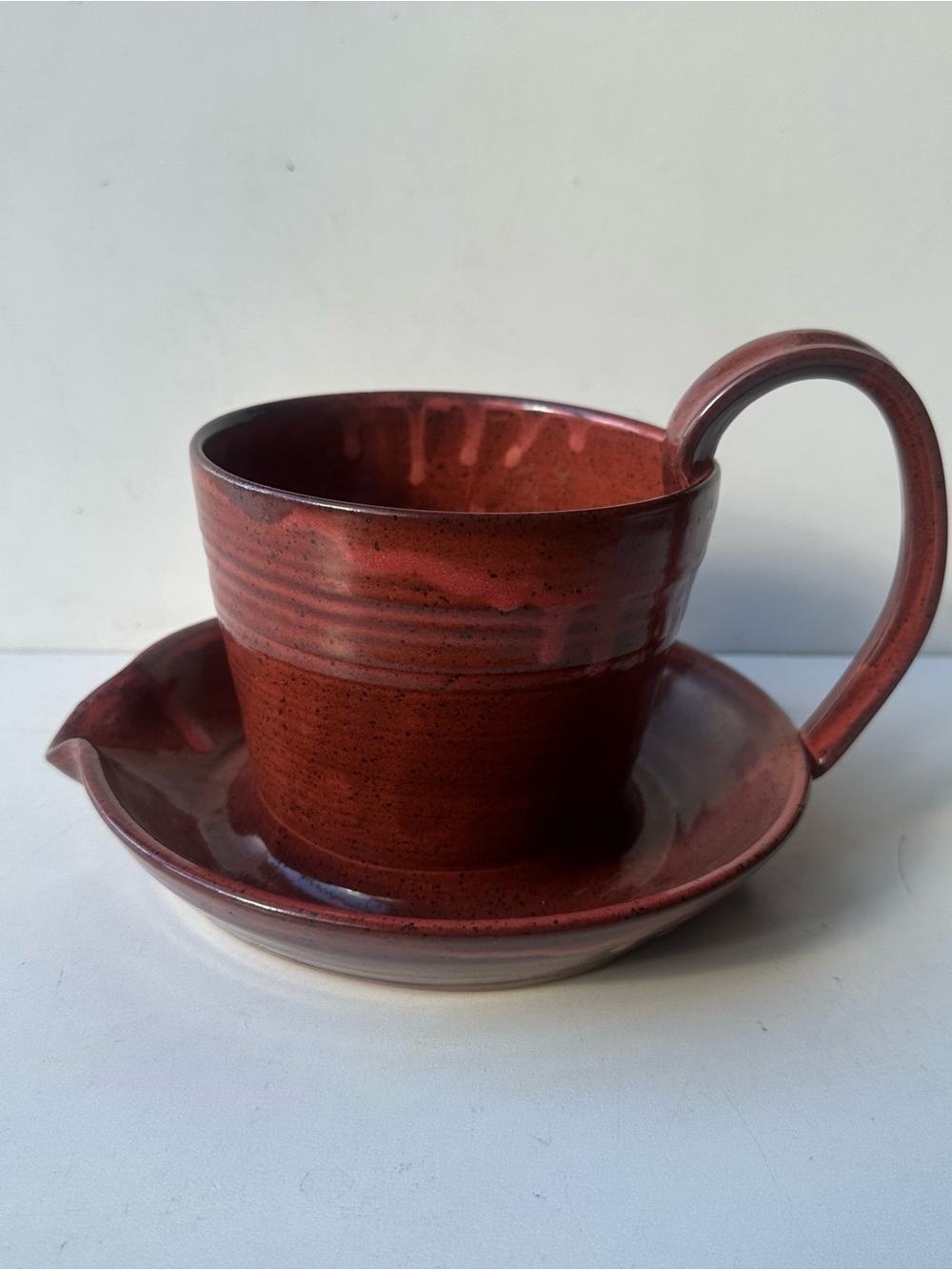 Vintage Red Art Pottery Soup Mug & Saucer Set Handmade Stoneware Chili Bowl
